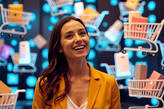 Woman surrounded by digital shopping carts filled with products, floating in a surreal virtual realm. - Powered by Adobe
