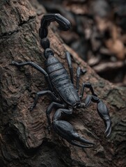Stunning Close-Up of a Black Scorpion on Tree Bark, Captivating Nature's Detail