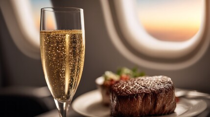 Enjoy a lavish business class dining experience with a perfectly cooked steak alongside a glass of bubbly champagne, all while gazing at a breathtaking sunset through the aircraft window