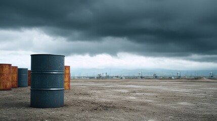 Obraz premium A solitary blue barrel stands on a barren landscape under a dramatic sky filled with dark clouds, evoking themes of isolation and industrial remnants in a desolate environment.