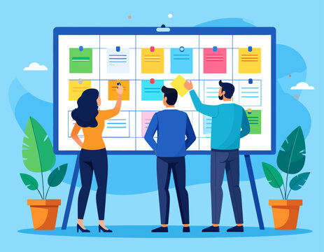 A diverse team collaborates on a project, using a scrum or kanban board to organize tasks with colorful sticky notes. This illustrates teamwork, agile methodology, strategic planning.