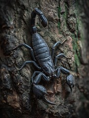 Close-Up of a Stunning Black Scorpion on Bark: Nature's Fascinating Creature