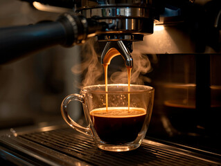 Cinematic macro shot of hot espresso dripping into a glass cup. Steaming coffee with golden crema under warm ambient lighting. Morning routine and artisan cafe brewing process.