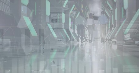 Animation of financial data processing over business people walking in office - Powered by Adobe