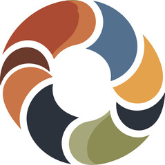 An abstract circular design composed of colorful, interconnected segments