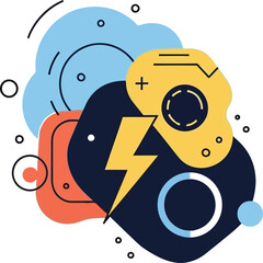 Energy Innovation: A dynamic illustration depicting an electrical bolt at the core, encircled by an abstract arrangement of connected shapes and forms, symbolizing innovation.