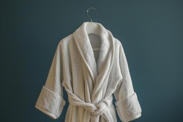 Soft white bathrobe displayed against a teal background