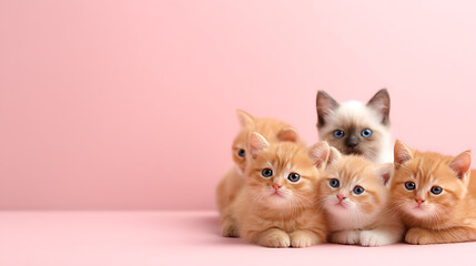 Group of cute little kittens on pink background, copy space for text