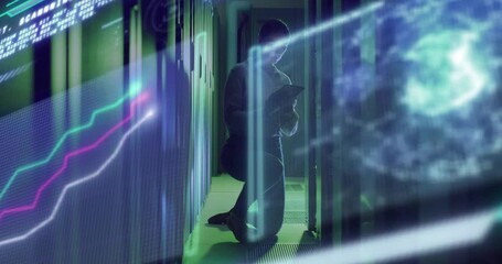 Digital interface with data processing against female caucasian engineer working at server room - Powered by Adobe