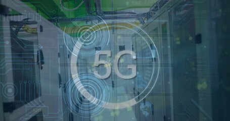 Animation of data processing and scope scanning with 5g text over server room - Powered by Adobe