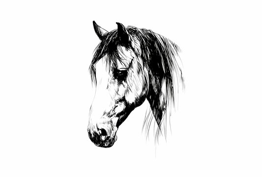 T&ecirc;te de cheval aquarelle noir et blanc illustration &eacute;l&eacute;gante zodiaque chinois 2026 Nouvel An lunaire art mural minimaliste