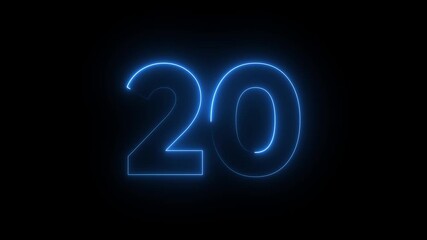 Glowing blue neon number 20 on black background, vibrant lighting effect