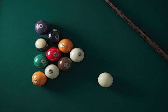 Close-up of billiards set, racked balls, cue stick angled, on emerald green felt