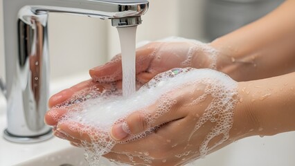 Fototapeta premium Hands Being Washed with Soap Under Running Water Representing Essential Hygiene for Infection Prevention and Public Health