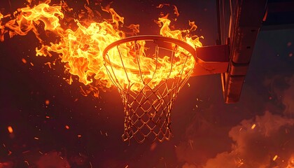 A basketball hoop engulfed in vibrant flames, radiating intense heat and light against a dark, smoky background