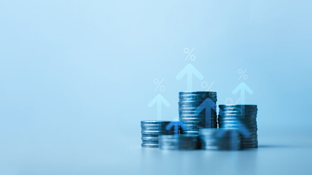 interest, rates, compare, savings, deposit, investment, Stacks of coins with upward arrows and percentage icons represent rising interest rates, savings growth, and investment returns.