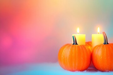 Candle lit Halloween pumpkins glowing in vibrant colors with empty space for festive greetings