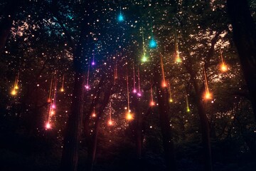 Magical forest illuminated by vibrant multicolored shooting stars at twilight