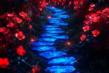 Pathway of glowing blue stones woven through vibrant red flowers at dusk