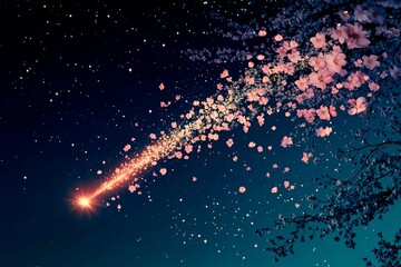 Shooting star creates a trail of blooming flowers in the night sky filled with stars