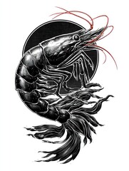 Stylized Black and White Shrimp Artwork with Bold Red Accents