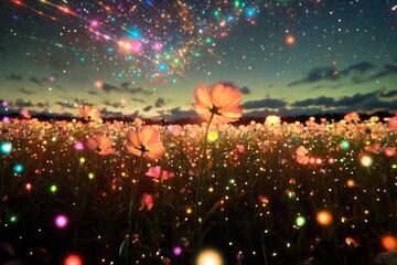Glowing flower field illuminated by a meteor shower under a vibrant night sky