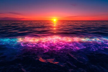 Sunset over a glowing sea creates a vibrant reflection of colors at the horizon
