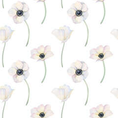 White anemone flowers field watercolor seamless pattern. Botanical floral hand drawn repeat background for delicate spring fabrics, wedding designs in pastel colors