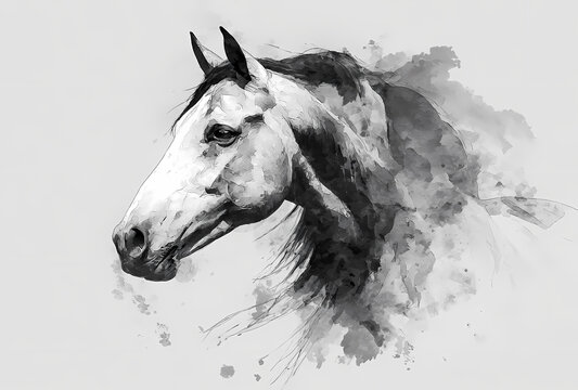T&ecirc;te de cheval aquarelle noir et blanc illustration &eacute;l&eacute;gante zodiaque chinois 2026 Nouvel An lunaire art mural minimaliste