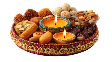 A tasty Christmas cake and sweet chocolate cookies sit on a holiday table decorated with a light brown candle, delicious fruit, and baked festive snacks