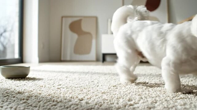 Adorable white Maltese dog lies down on a cozy carpet then stands and walks away in a bright modern home interior