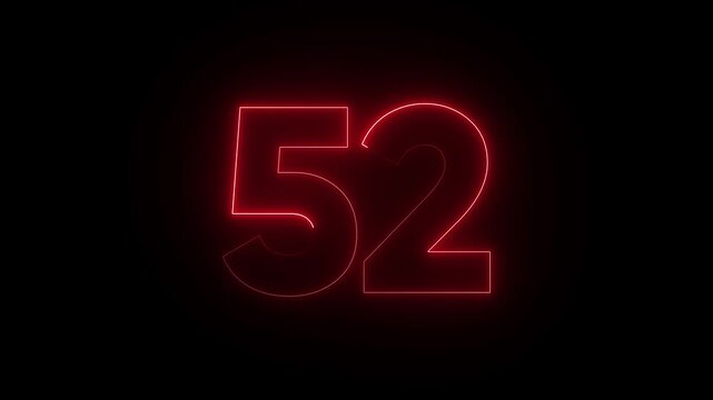 Glowing red neon number 52 on black background