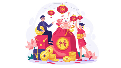 Obraz premium Festive Rabbit and Joyful People Illustration