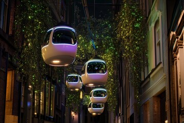 Public transport pods glide through bioluminescent alleys amid urban greenery at twilight