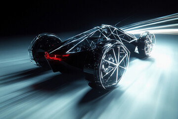 Futuristic vehicle with geometric wheels cruising through a neon-lit cityscape at night