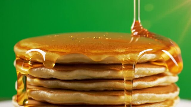 Delicious maple syrup pouring over a stack of golden brown, fluffy pancakes for breakfast on a green background