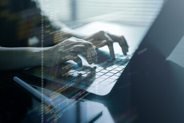 software, development, programmer, developer, A programmer typing on a laptop with code reflections, representing software development, debugging, system building, and modern digital engineering.