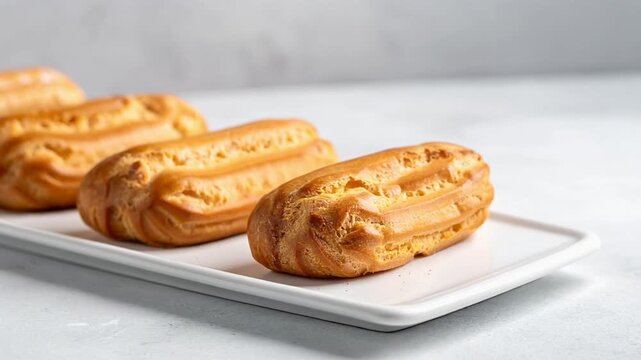 Eclairs pastry bakery shop, cinematic orbit shot showcasing a row of golden brown eclairs on a white platter against a bright background.
