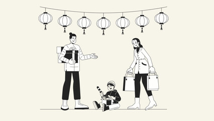 Family Shopping Together Under Lanterns, Street, Illustration