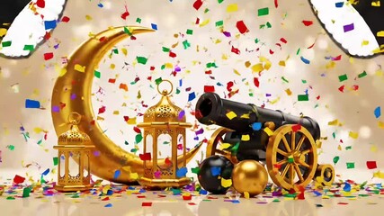 Vibrant Ramadan or Eid celebration with golden crescent, lanterns, and cannon