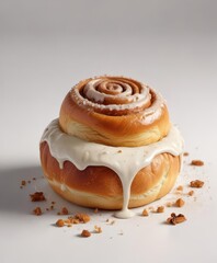 Softly lit cinnamon bun on a plain white background with a few crumbs scattered around, cinnamon bun,  breakfast food