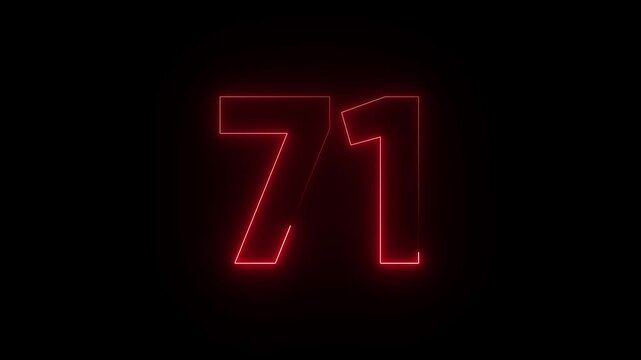 Glowing red neon number 71 on black background, vibrant lighting effect