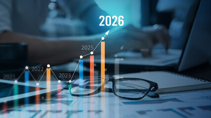 A business growth forecast showing rising charts from 2021 to 2026, symbolizing progress, strategic planning, performance metrics, and future market development in a modern business environment.