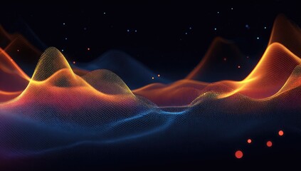 Abstract, undulating mesh waves in warm orange and cool blue hues, with sparse particles