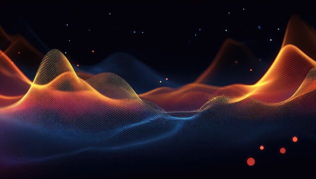 Abstract, undulating mesh waves in warm orange and cool blue hues, with sparse particles - Powered by Adobe