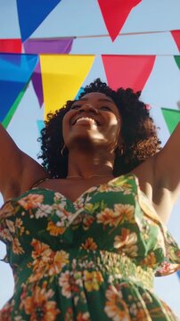 Cheerful woman raises her arms up in celebration under colorful party flags