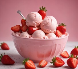 strawberry ice cream in a bowl with fresh strawberry slices on top,  frozen treat,  dessert table