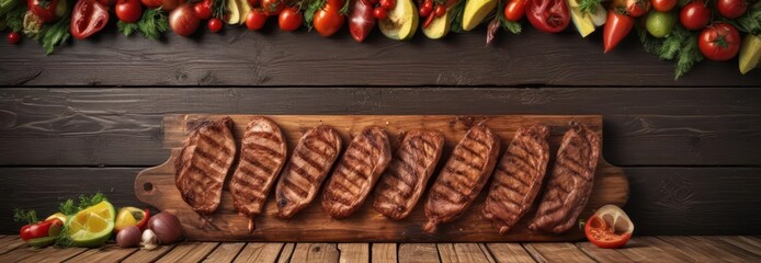 summer BBQ food side border over dark wood banner background, grilled meats,  summer party