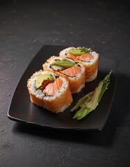 Sushi roll with golden fried exterior, salmon, avocado, cream cheese on dark plate, sushi, dark plate