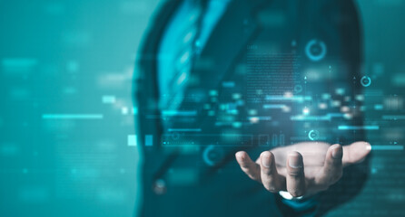 A digital data stream flowing across a futuristic interface, showing abstract information patterns, analytics elements, and technology visuals representing AI-driven processing.